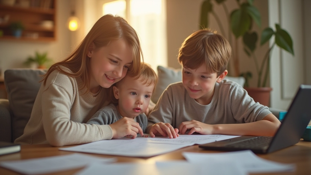 Rodina se dvěma dětmi v obývacím pokoji, rodič drží daňové doklady