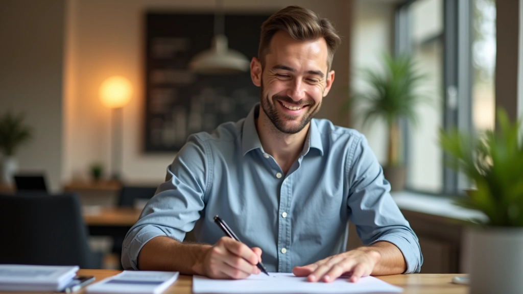 Osoba s úsměvem kontrolující výplatní pásku a poznámkami