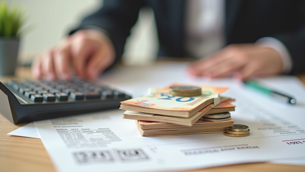 Peníze a mince na stole s kalkulačkou ukazující ušetřené částky